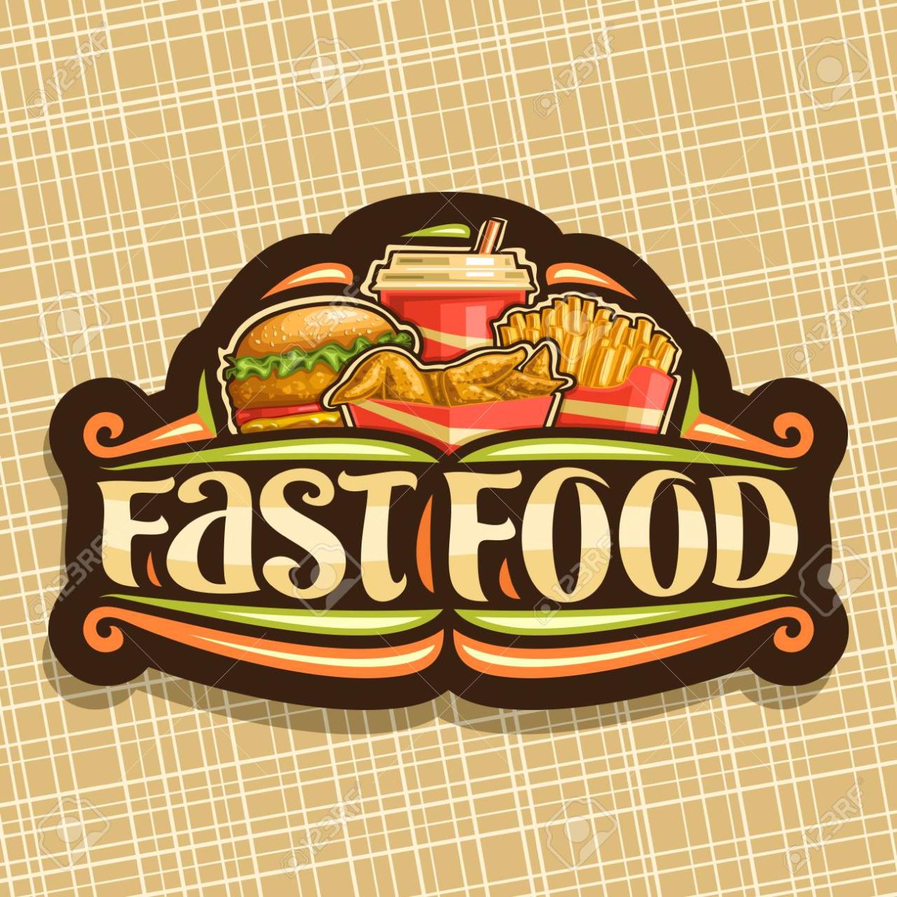 Vector For Fast Food, Signboard With Set Of Fresh Chickenburger With Fried  Cutlet And Salad, Chicken Wings, French Fries In Cardboard Box, Fizzy Drink  In Plastic Cup, Lettering For Word Fast Food