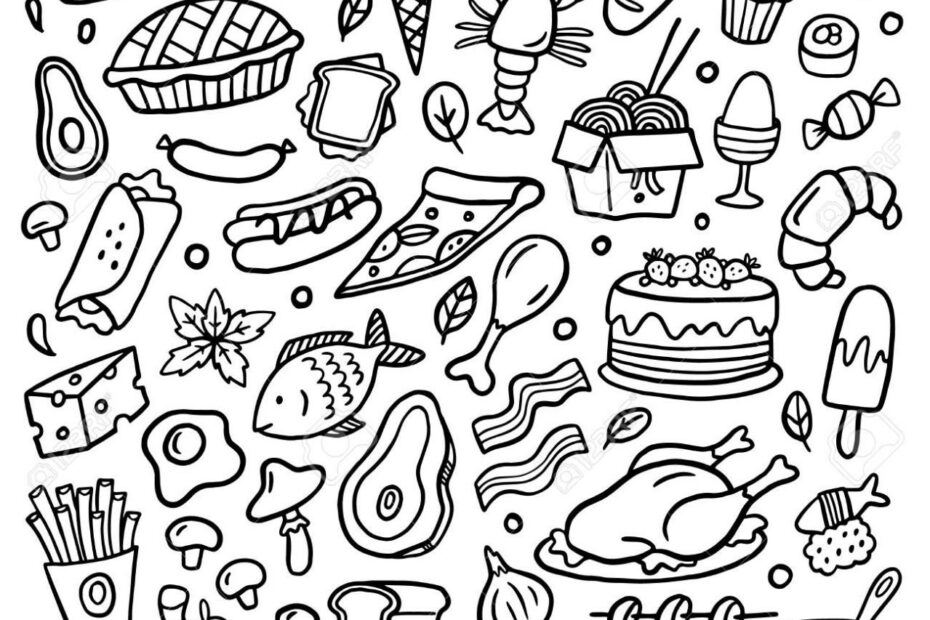 Black And White Food Poster. Hand-Drawn Illustration With Many Different  Dishes. Vector Set With Vegetables, Burgers, Noodle, Fruits, Meat, And  Seafood. Royalty Free Svg, Cliparts, Vectors, And Stock Illustration. Image  127567646.