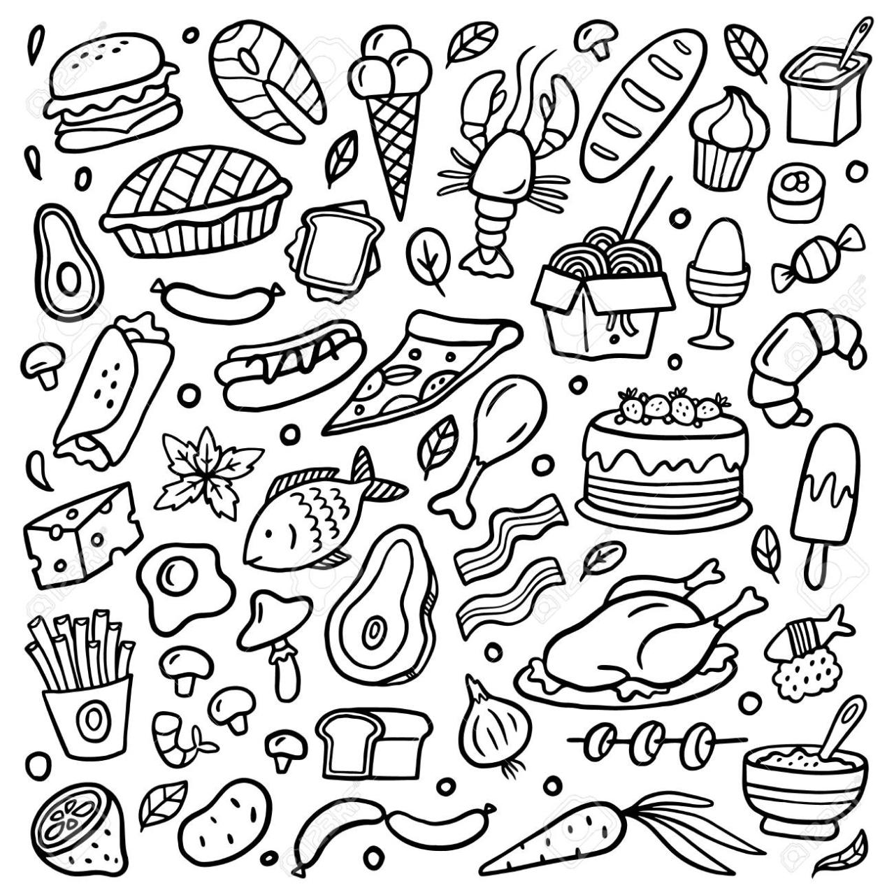 Black And White Food Poster. Hand-Drawn Illustration With Many Different  Dishes. Vector Set With Vegetables, Burgers, Noodle, Fruits, Meat, And  Seafood. Royalty Free Svg, Cliparts, Vectors, And Stock Illustration. Image  127567646.