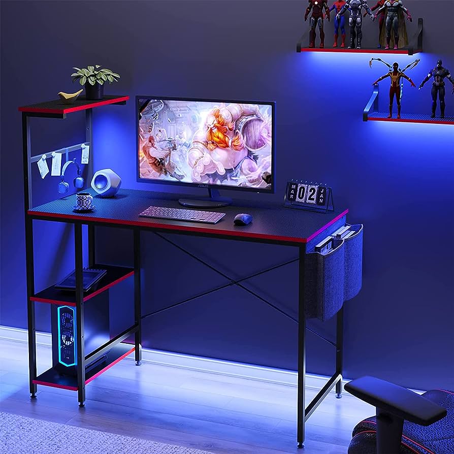 Amazon.Com: Bestier Gaming Desk With Led Lights, 44 Inch Pc Gamer Desk For  Small Spaces, Computer Desk With Reversible Storage Shelves & Side Storage  Bag (Black 3D Carbon Fiber) : Home &