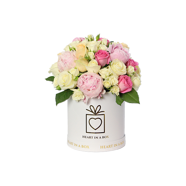 Round Box With Mixed Flowers – Heart In A Box