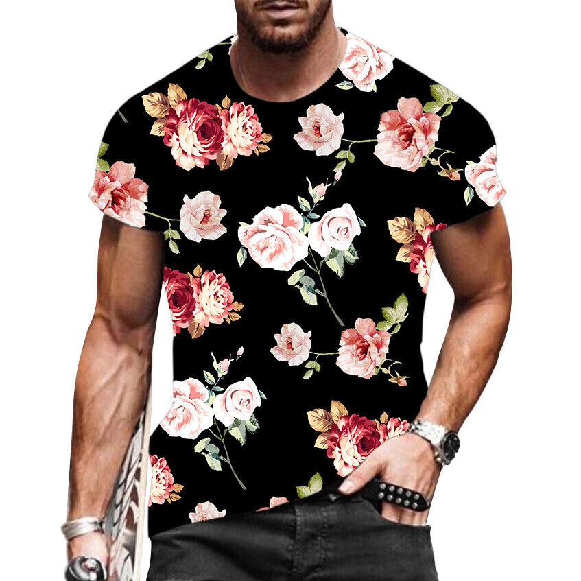 Men T-Shirt Fashion Graphic Short Sleeve Black Flower Floral Colorful T  Shirt | Ebay