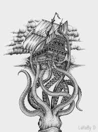 Giant Squid Attacking Ship: A Drawing Of Sea Monster Mayhem